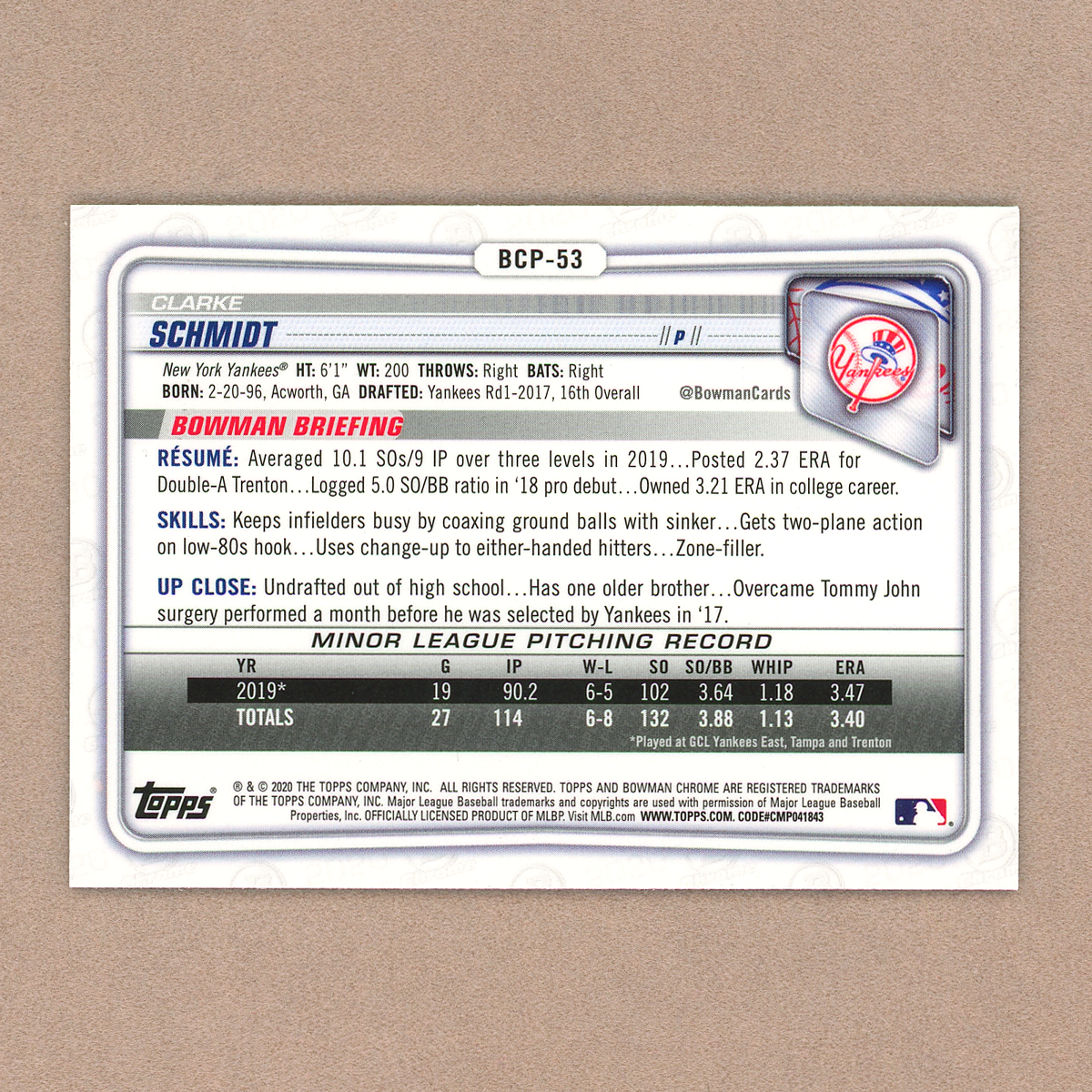 2020 Bowman Chrome Sapphire Clarke Schmidt