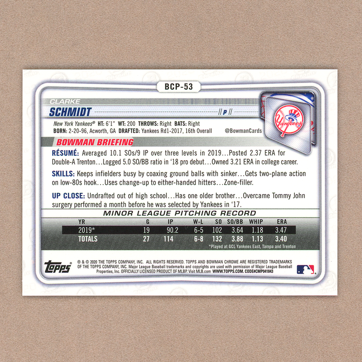 2020 Bowman Chrome Sapphire Clarke Schmidt (Padparadscha)