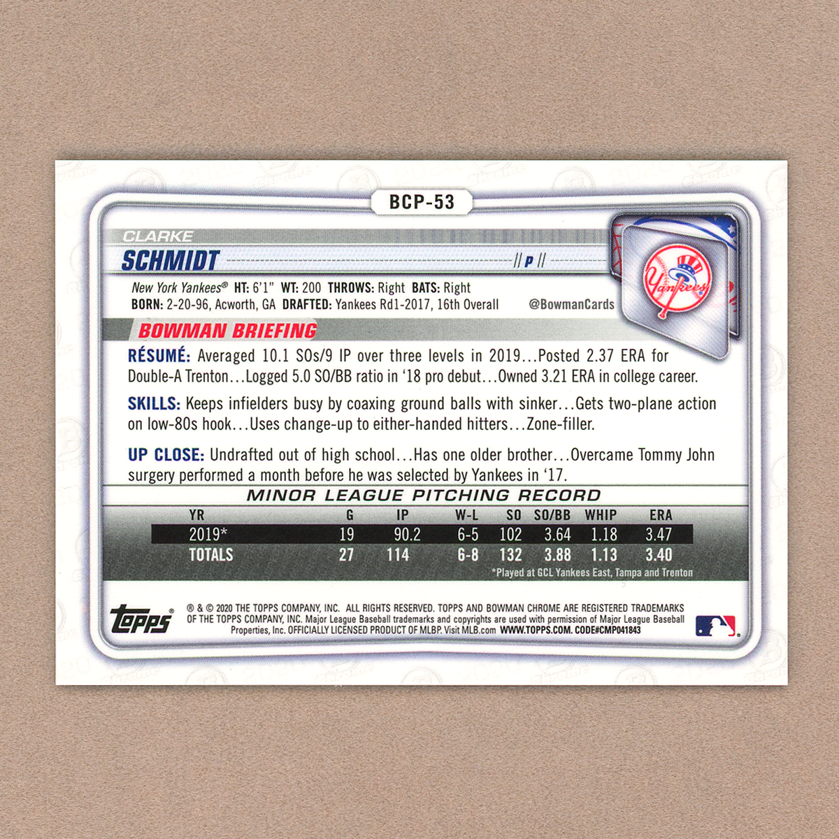 2020 Bowman Chrome Sapphire Clarke Schmidt (Purple)
