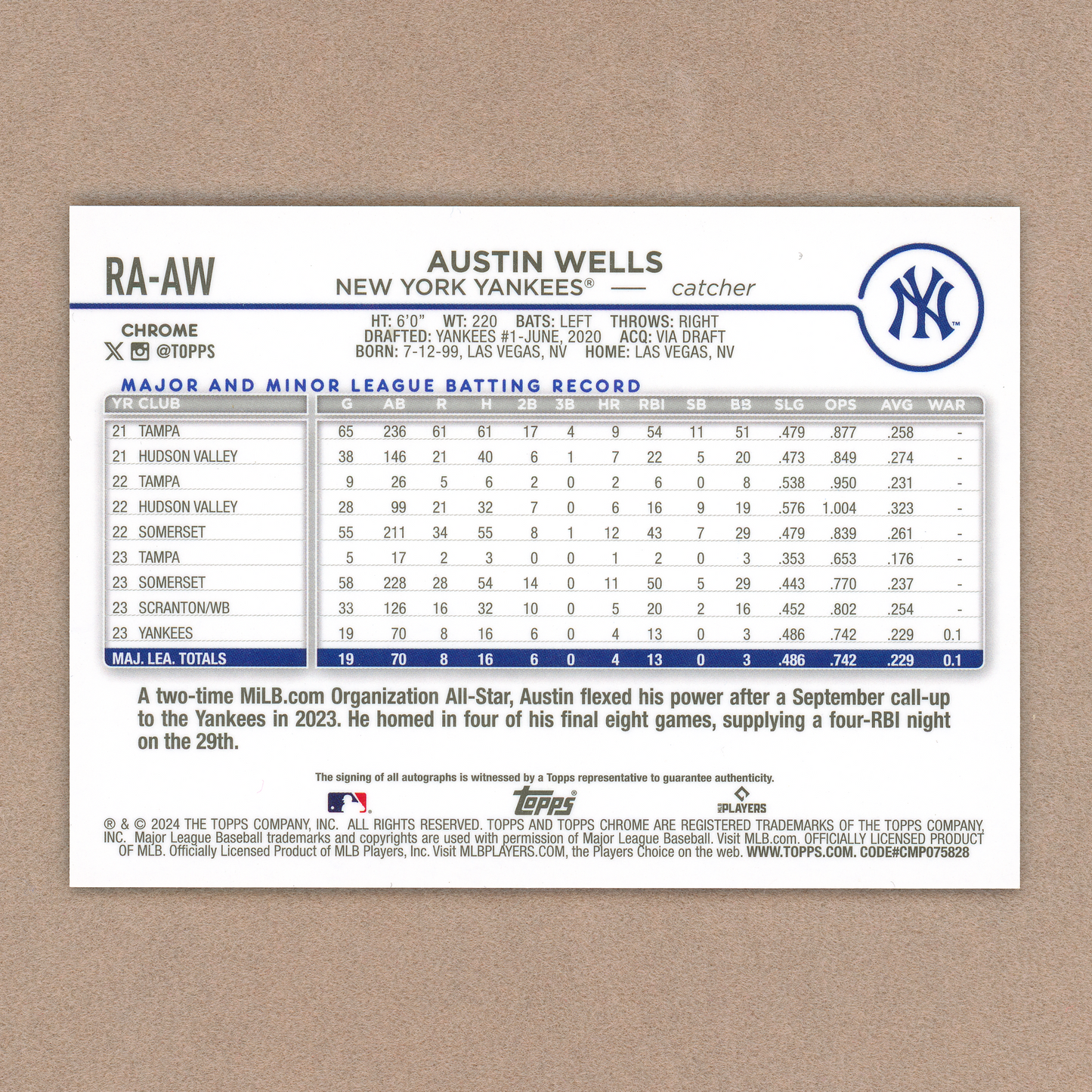 2024 Topps Chrome Austin Wells Autograph (Rookie Card)