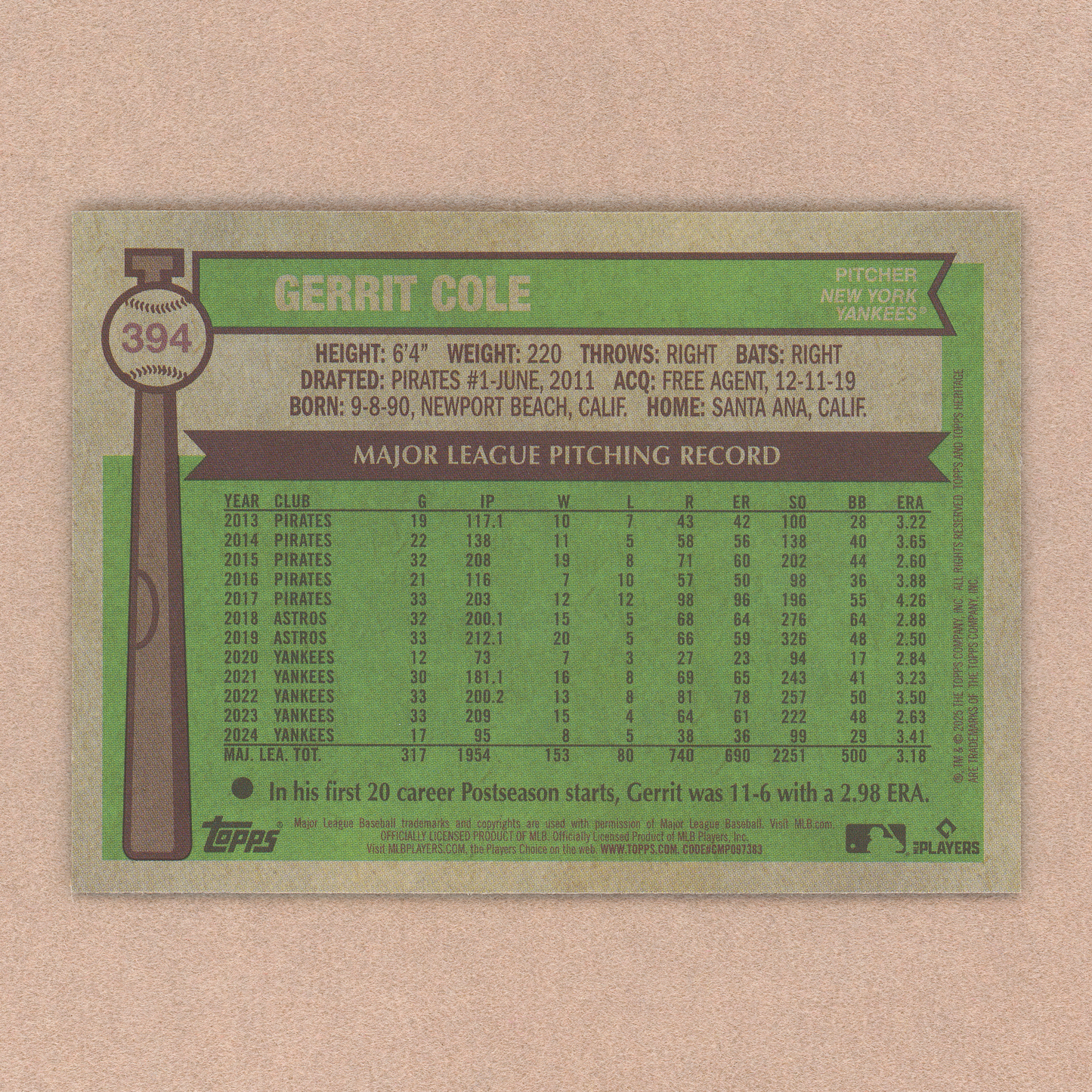 2025 Topps Heritage Gerrit Cole (Light Blue Sparkle)