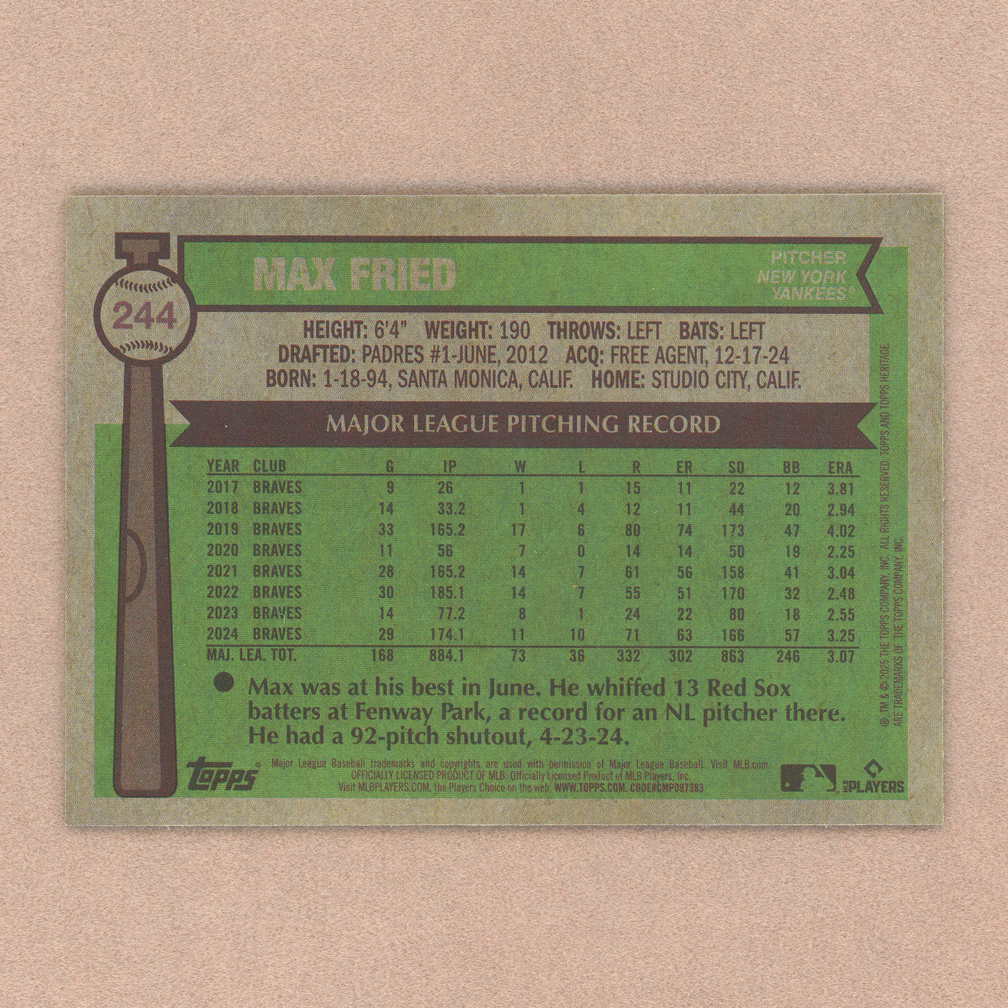 2025 Topps Heritage Max Fried (Light Blue Sparkle)