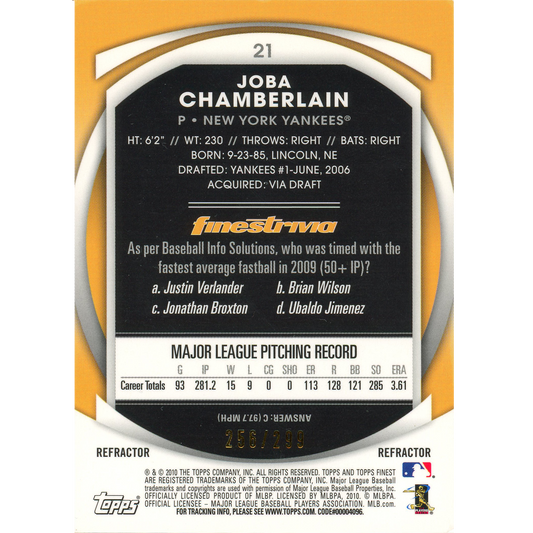 2010 Topps Finest Joba Chamberlain (Blue Refractor)