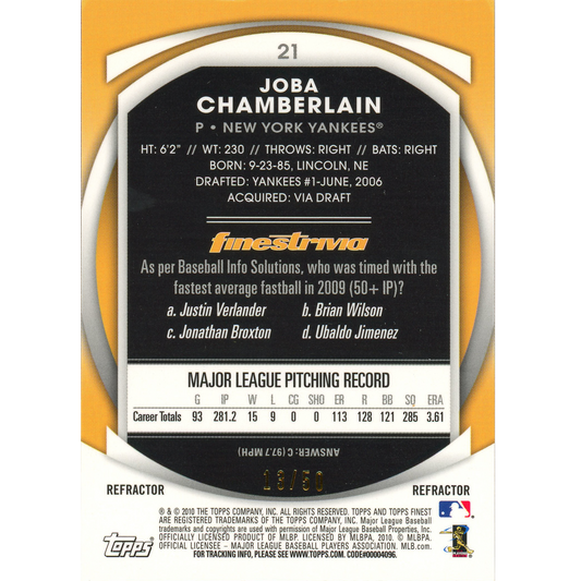 2010 Topps Finest Joba Chamberlain (Gold Refractor)