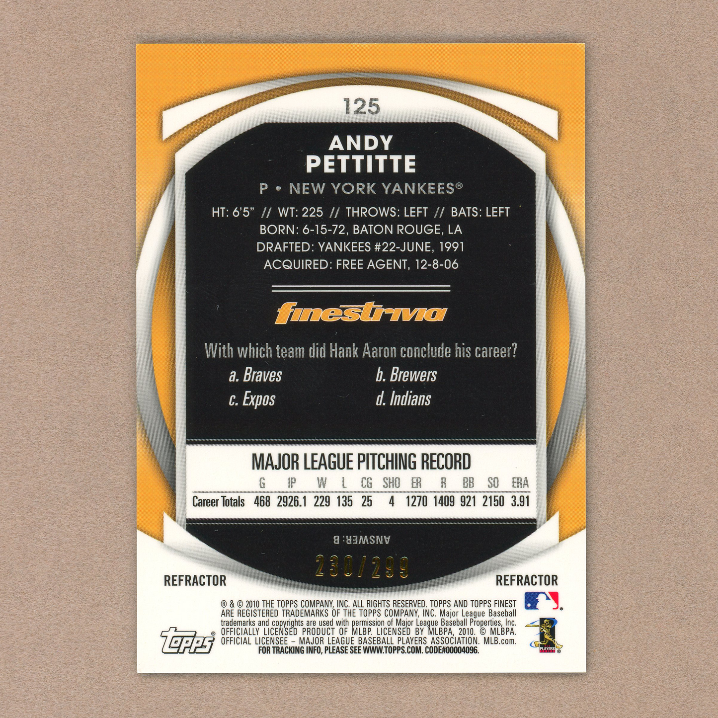 2010 Topps Finest Andy Pettitte (Blue Refractor)