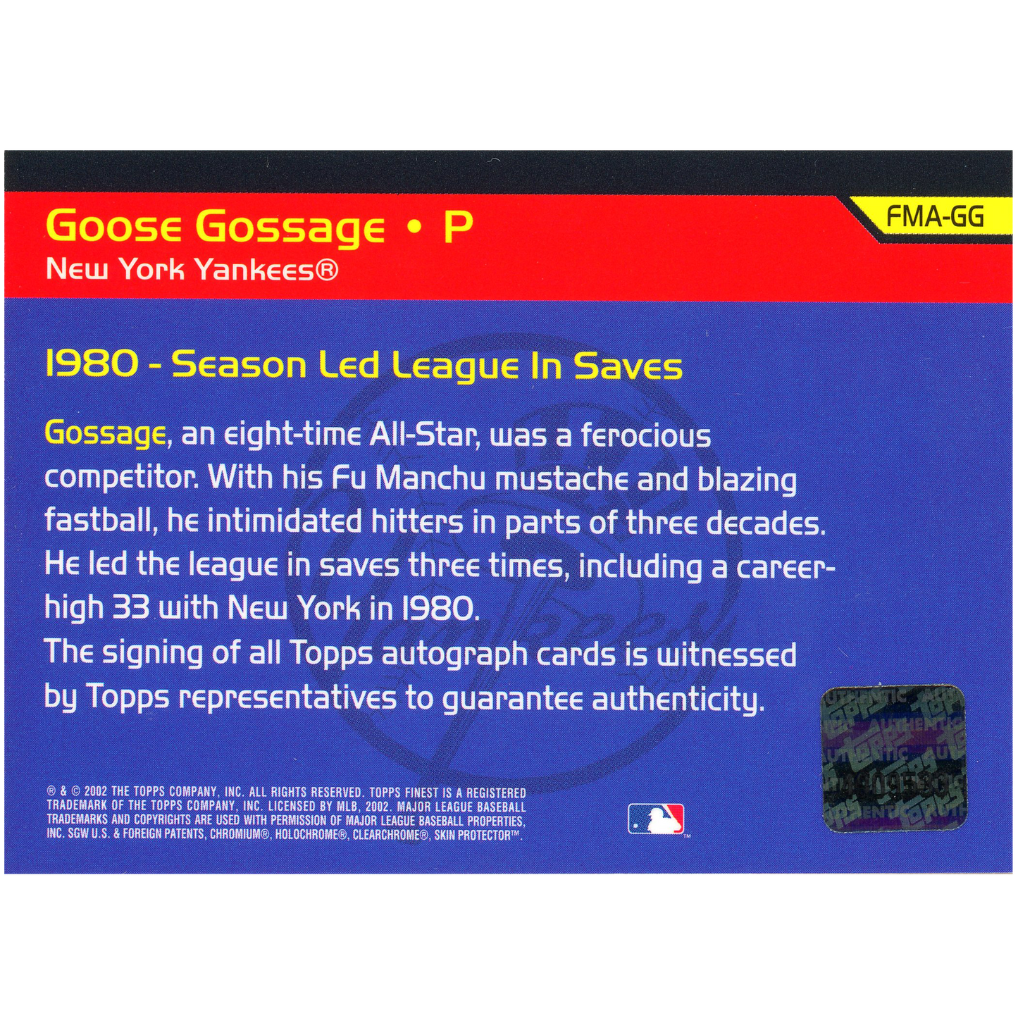 2002 Topps Finest Goose Goosage Autograph