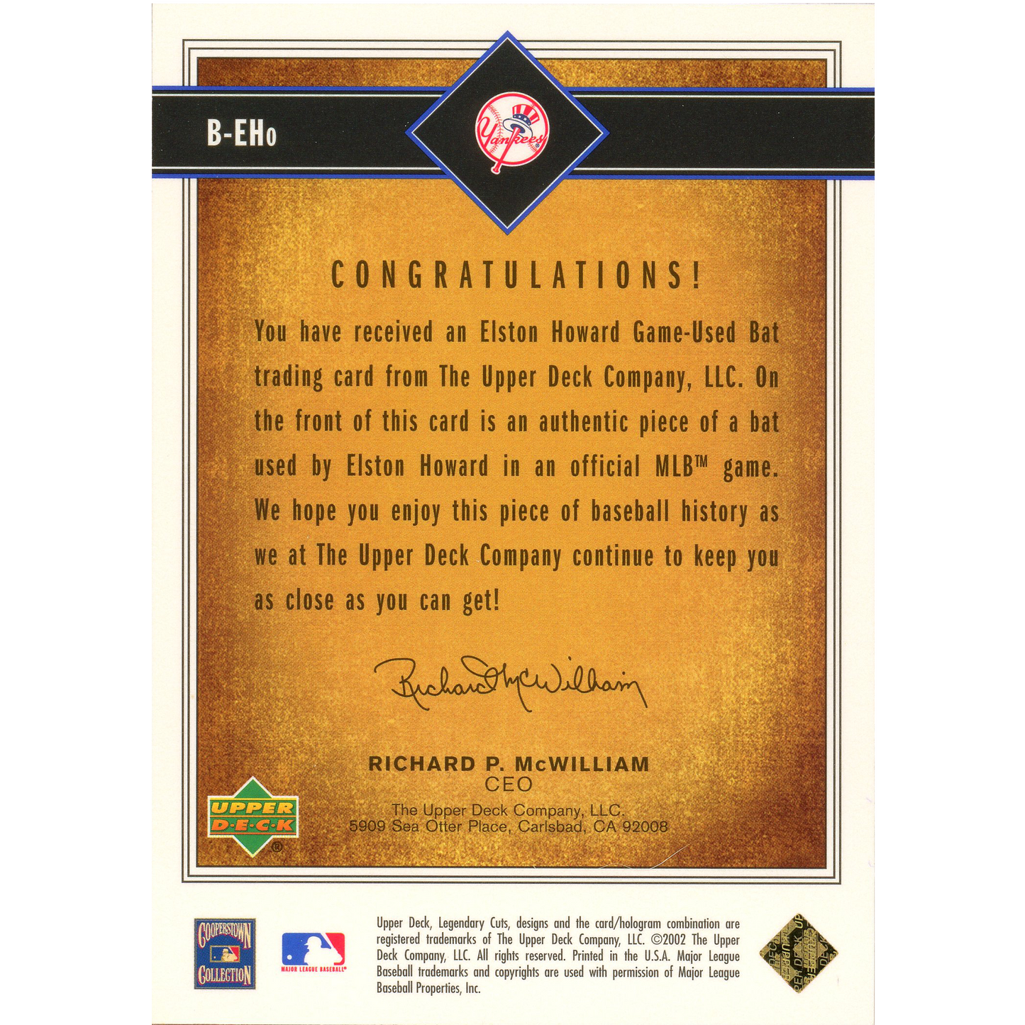 2002 Upper Deck SP Legendary Cuts Elston Howard Relic