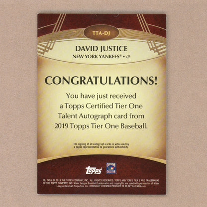 2019 Topps Tier One David Justice Autograph