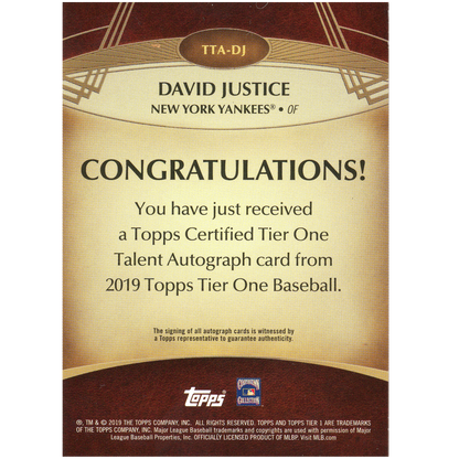 2019 Topps Tier One David Justice Autograph
