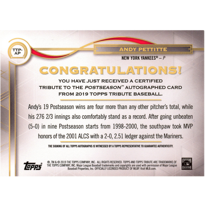 2019 Topps Tribute Andy Pettitte Autograph