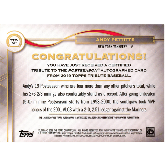 2019 Topps Tribute Andy Pettitte Autograph
