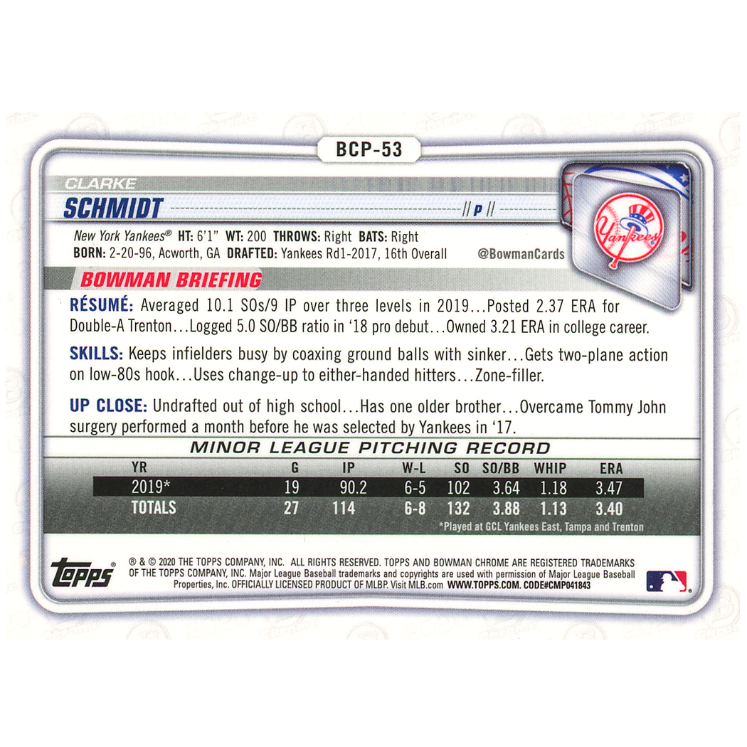 2020 Bowman Chrome Sapphire Clarke Schmidt