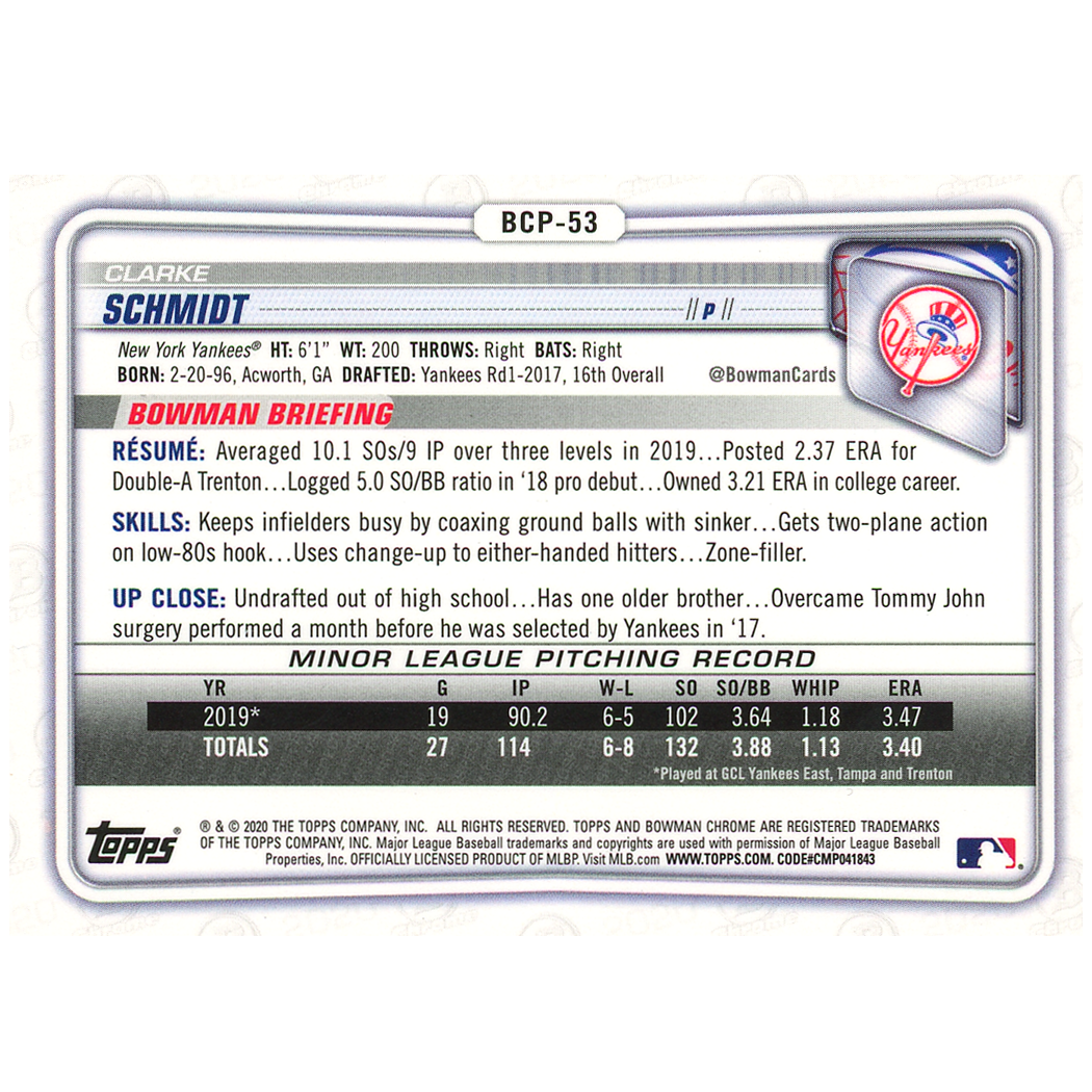 2020 Bowman Chrome Sapphire Clarke Schmidt (Purple)