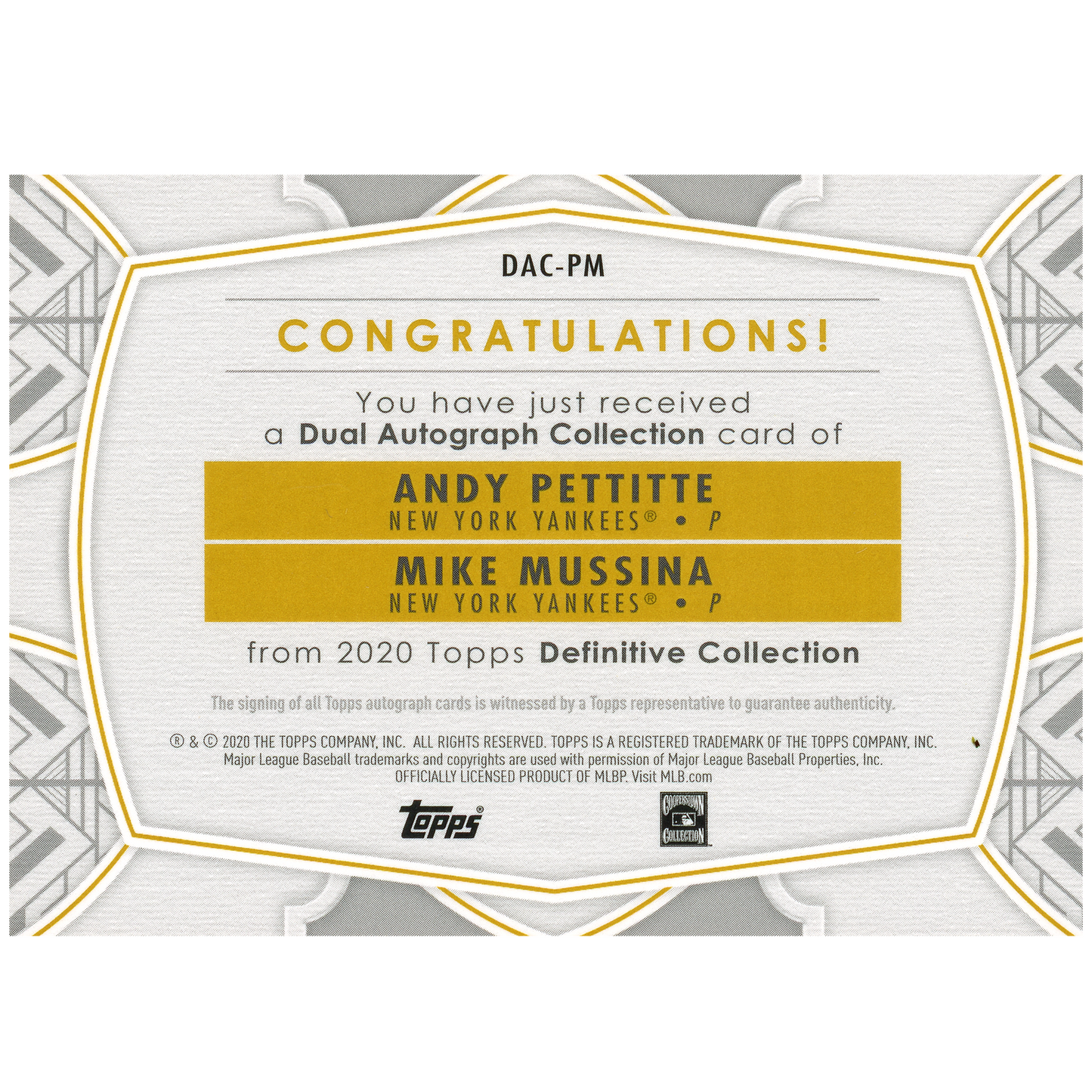 2020 Topps Definitive Andy Pettitte & Mike Mussina Dual Autograph (Green)