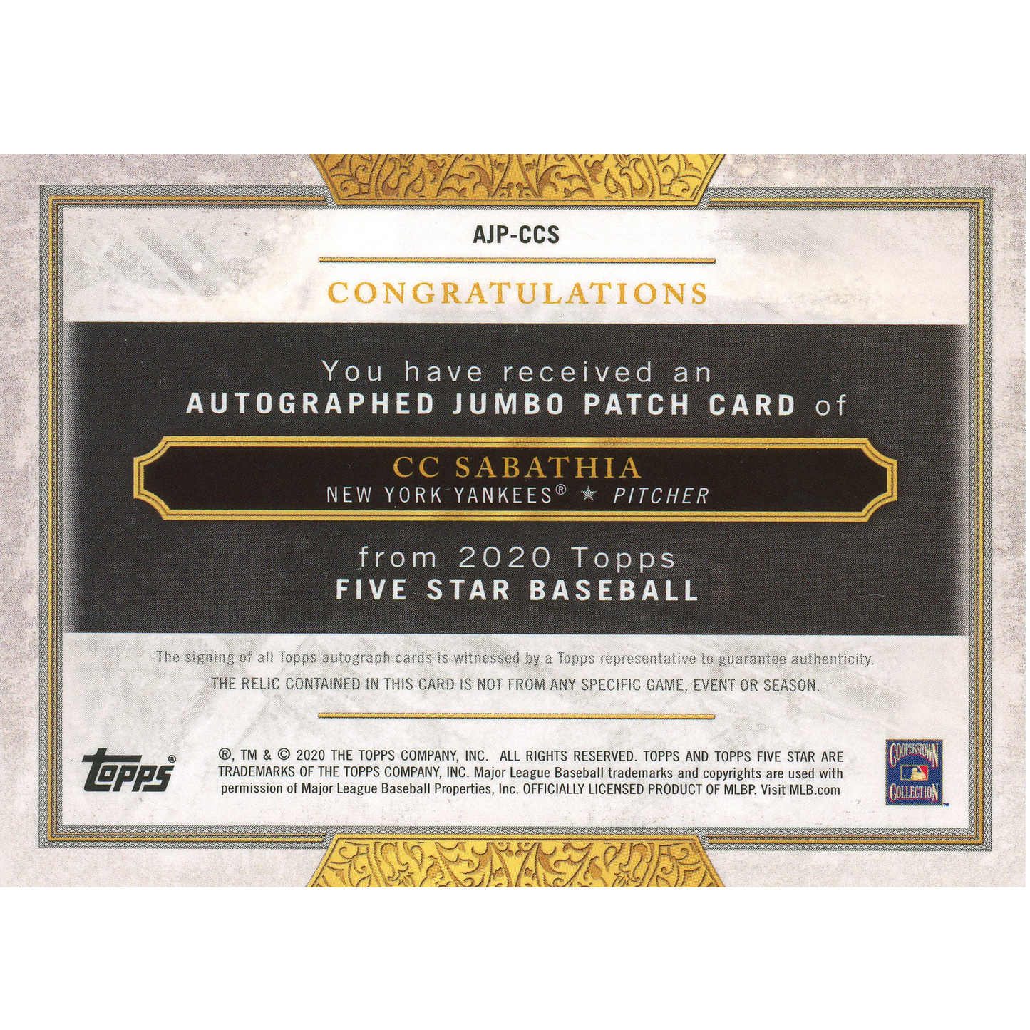 2020 Topps Five Star C.C Sabathia Autograph
