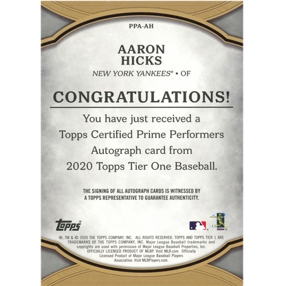 2020 Topps Tier One Aaron Hicks Autograph