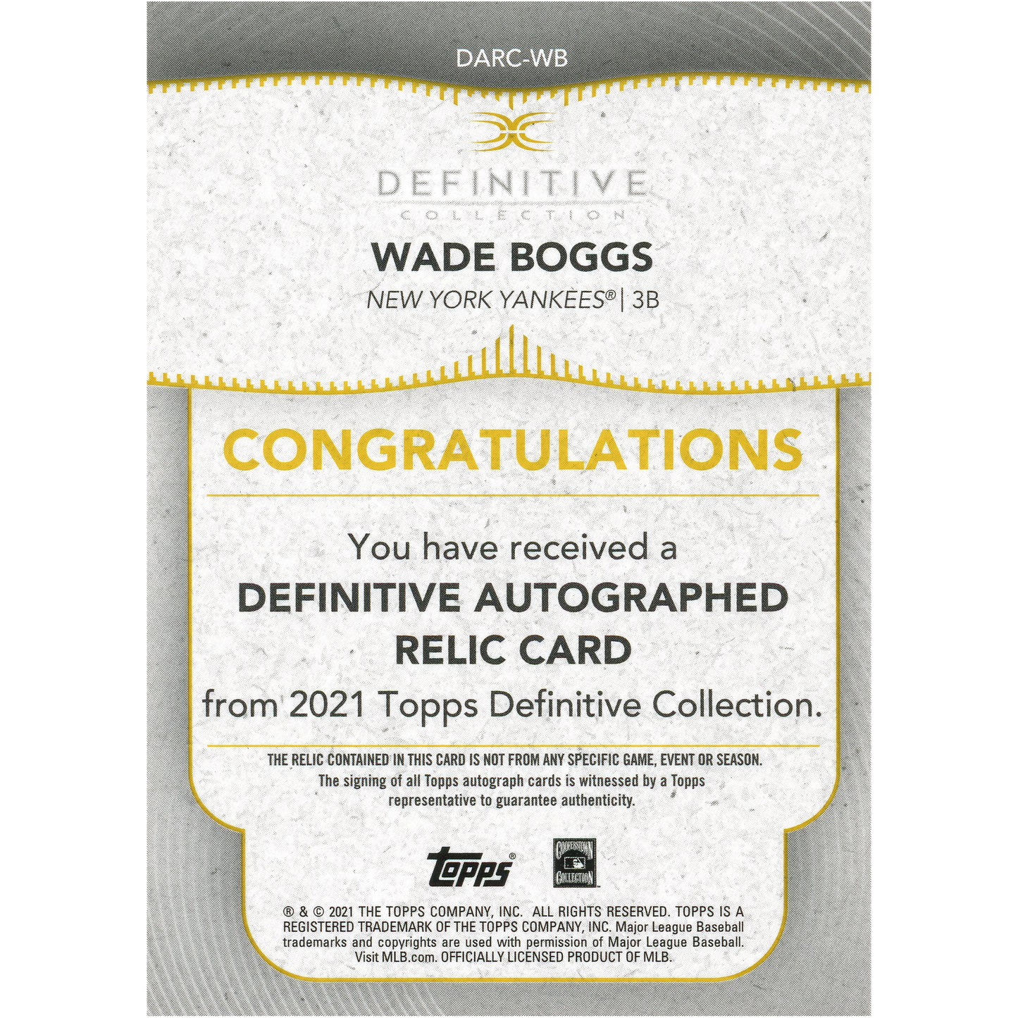 2021 Topps Definitive Wade Boggs Autograph (Green)