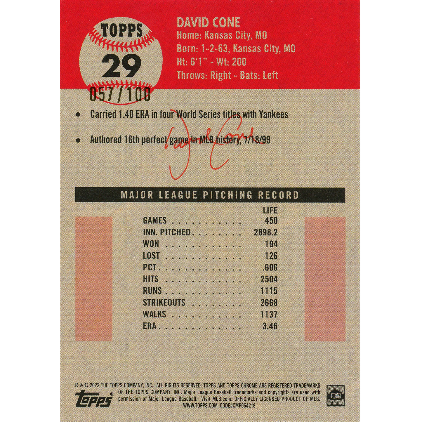 2022 Topps Chrome Platinum Anniversary David Cone (Fuchsia)