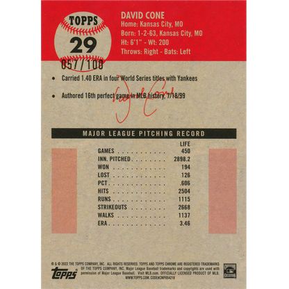 2022 Topps Chrome Platinum Anniversary David Cone (Fuchsia)