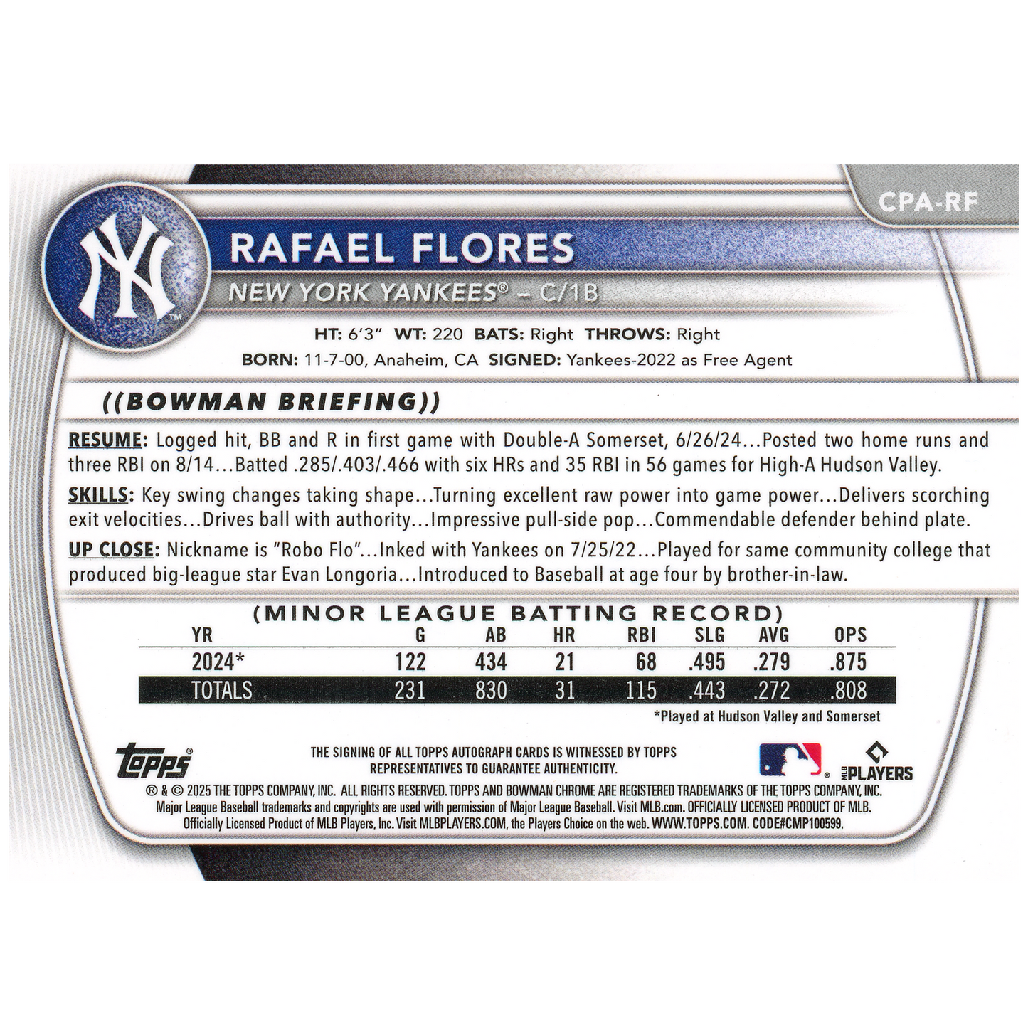 2025 Bowman Chrome Rafael Flores Autograph (Blue Checker)
