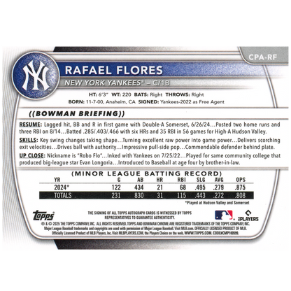 2025 Bowman Chrome Rafael Flores Autograph (Blue Checker)