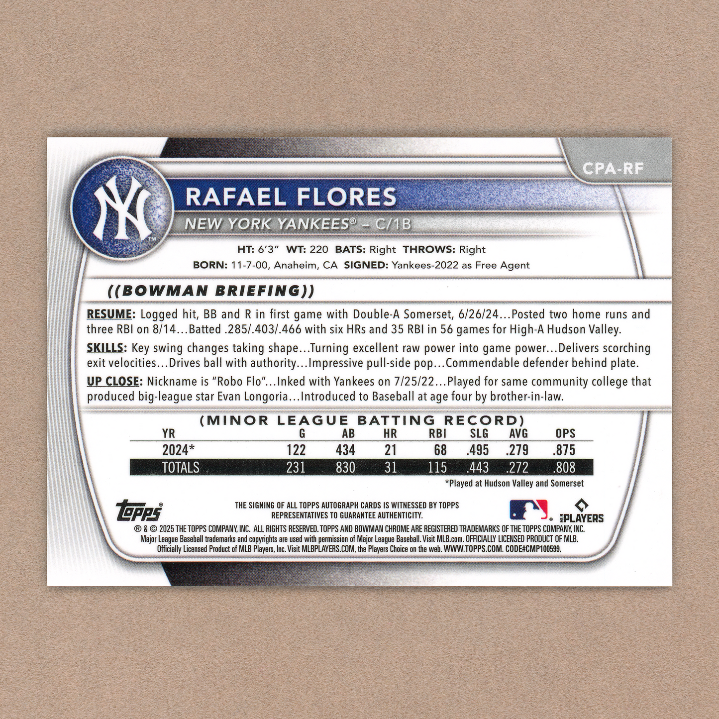 2025 Bowman Chrome Rafael Flores Autograph (Blue Checker)