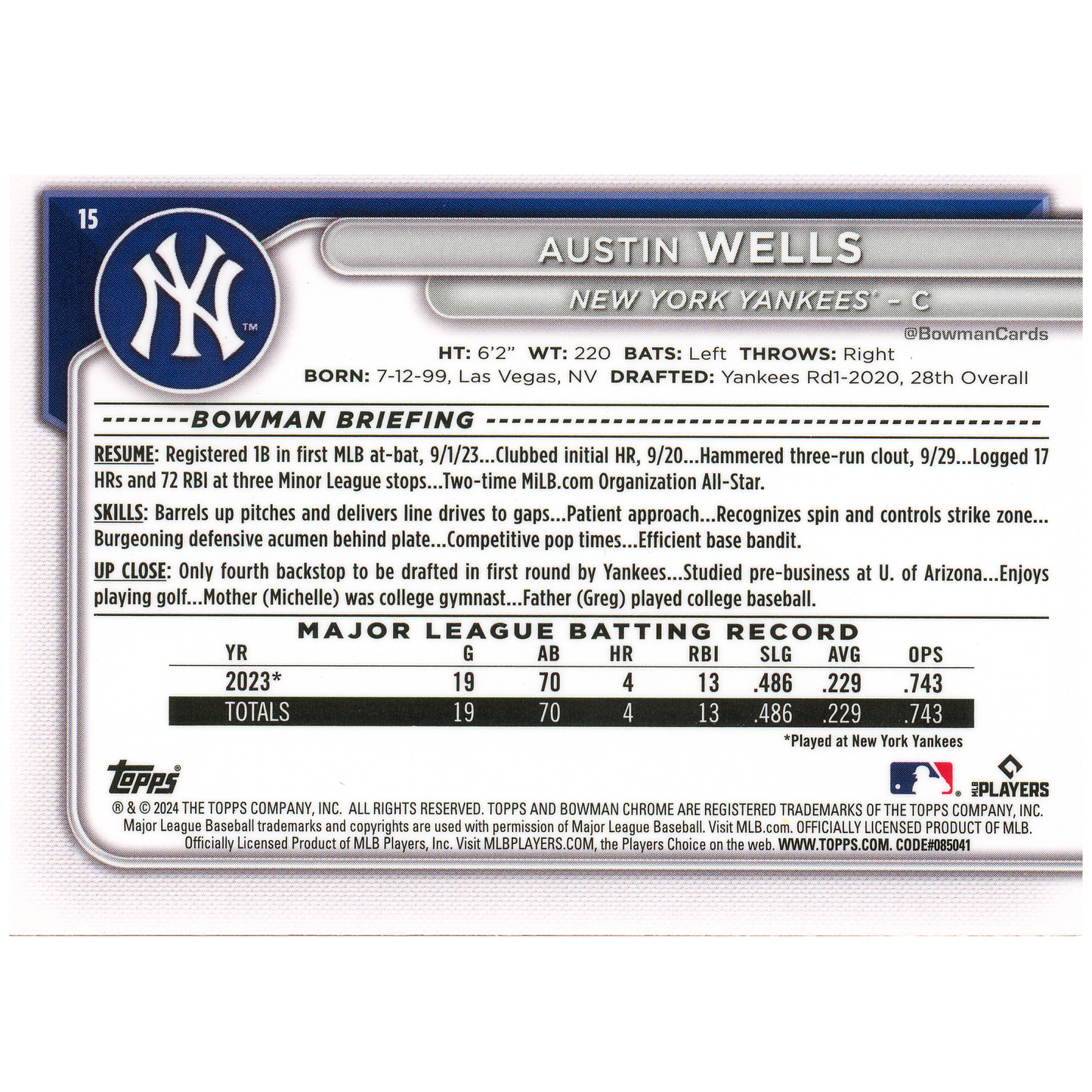 2024 Bowman Chrome Sapphire Austin Wells RC