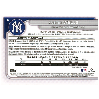 2024 Bowman Chrome Sapphire Austin Wells RC