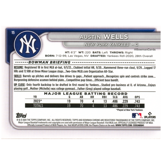 2024 Bowman Chrome Sapphire Austin Wells RC