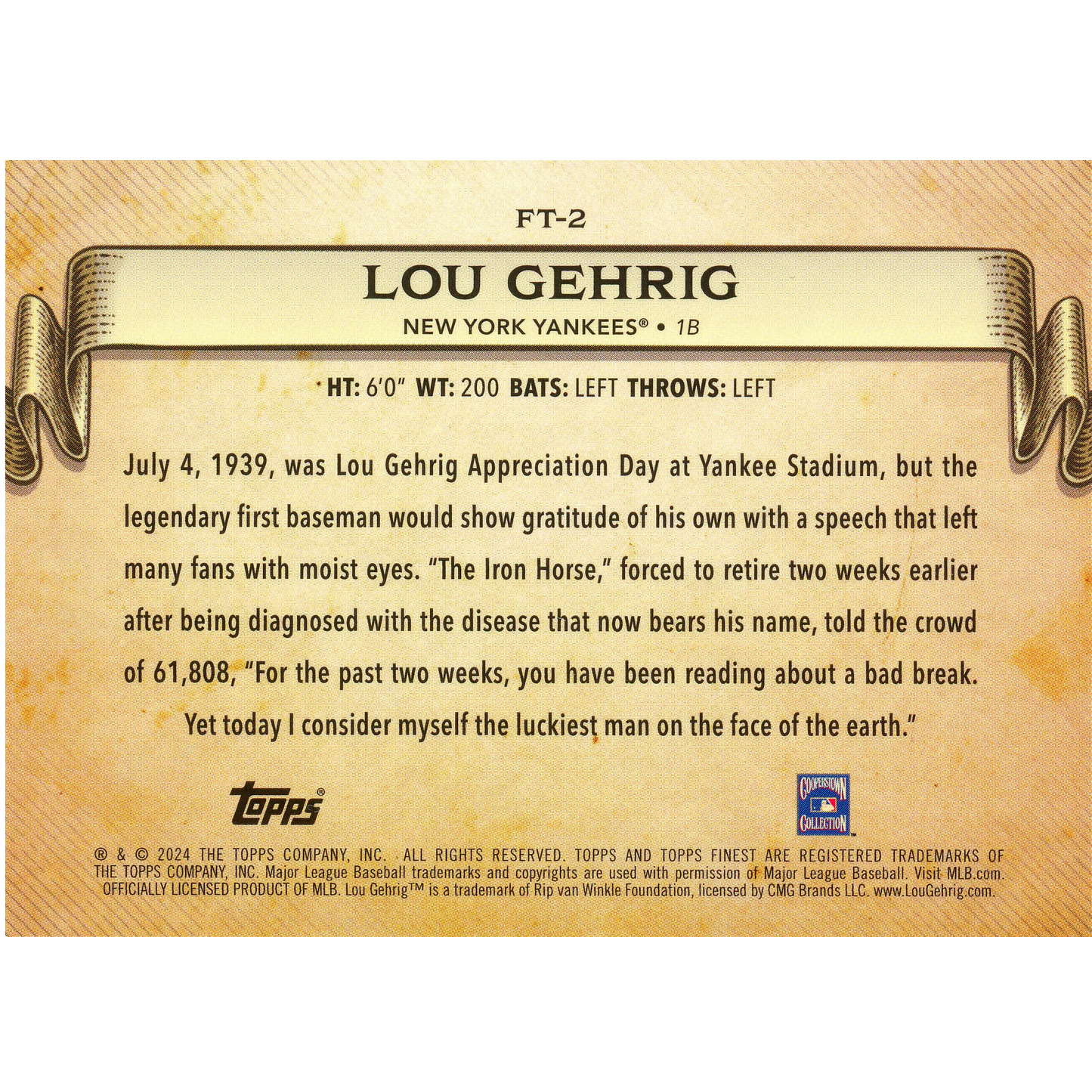 2024 Topps Finest Lou Gehrig Finest Moments (Gold)