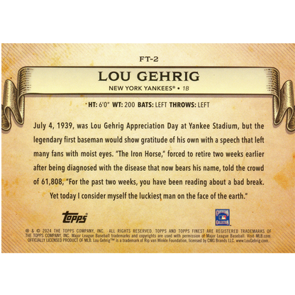 2024 Topps Finest Lou Gehrig Finest Moments (Gold)