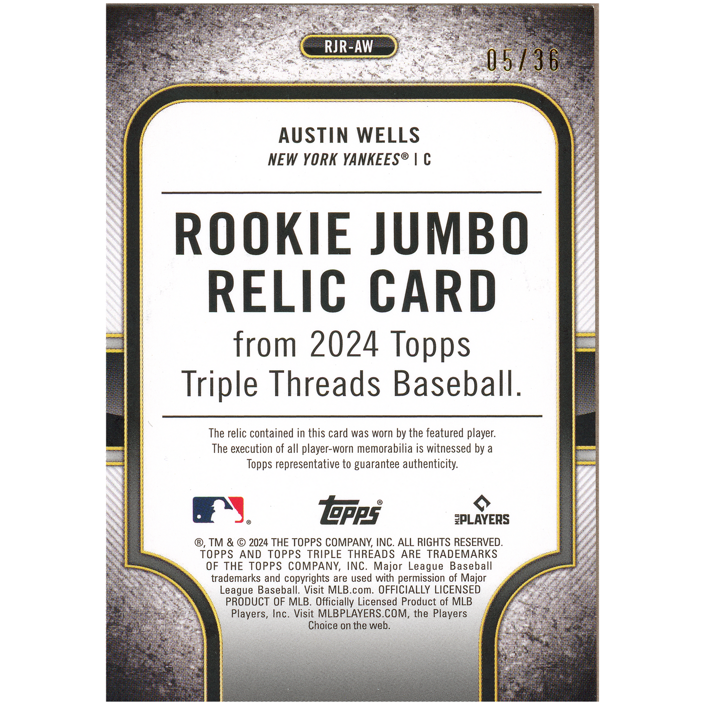2024 Topps Triple Threads Austin Wells Rookie Jumbo Relic RC (Amethyst)