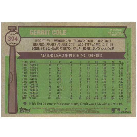 2025 Topps Heritage Gerrit Cole (Light Blue Sparkle)