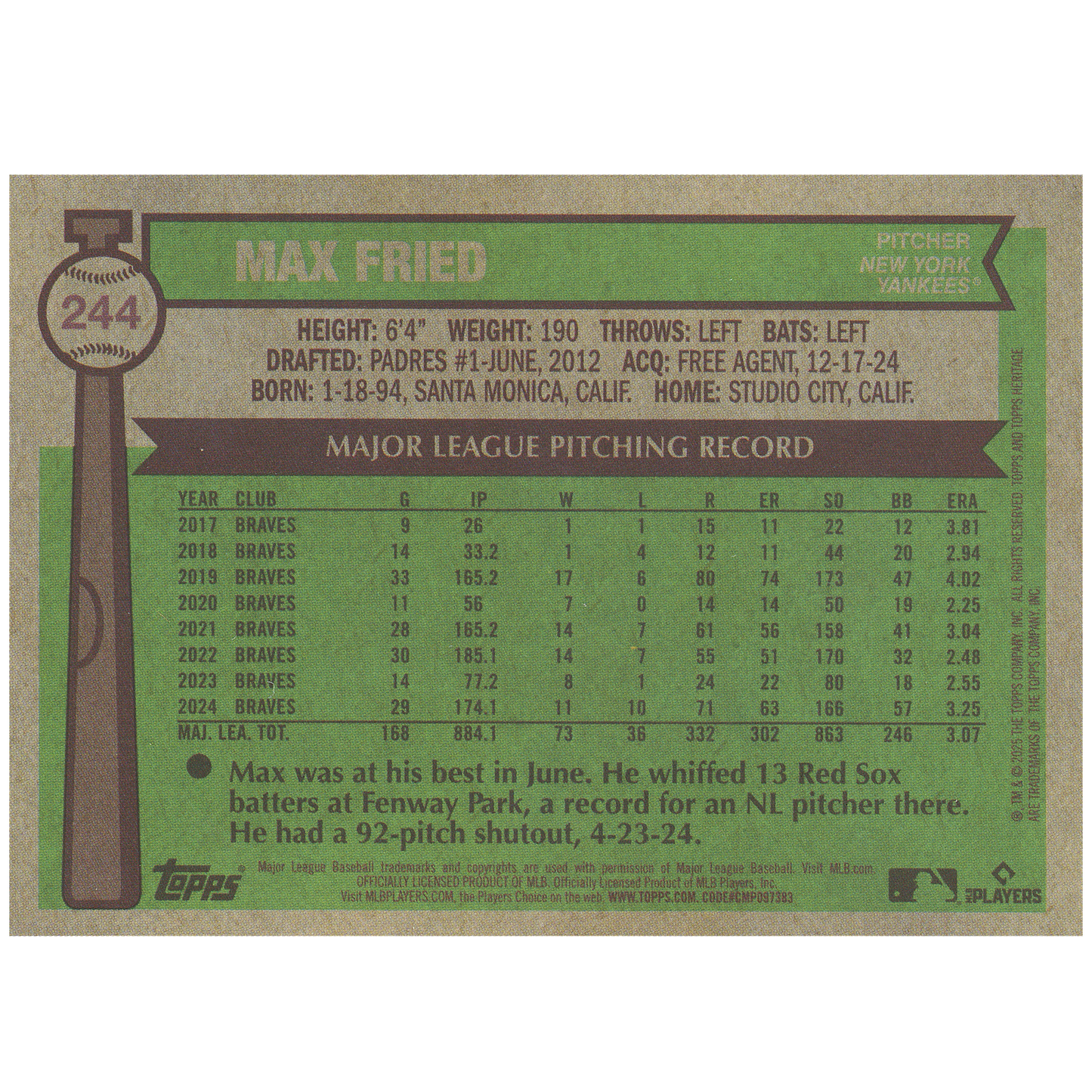2025 Topps Heritage Max Fried (Light Blue Sparkle)