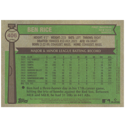 2025 Topps Heritage Ben Rice (Light Blue Sparkle) (SP)