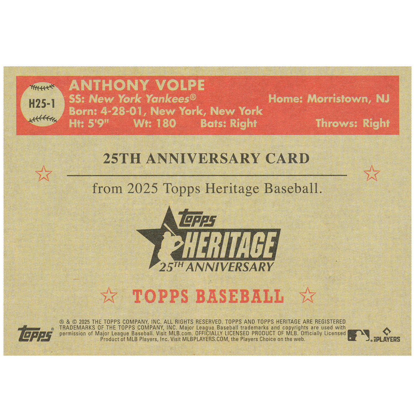 2025 Topps Heritage Anthony Volpe Heritage 25th Anniversary
