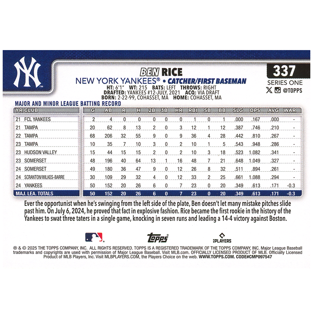2025 Topps Series 1 Ben Rice (RC)