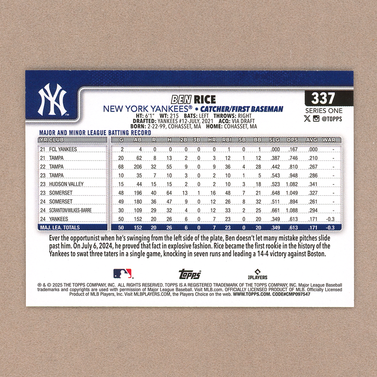 2025 Topps Series 1 Ben Rice (RC)