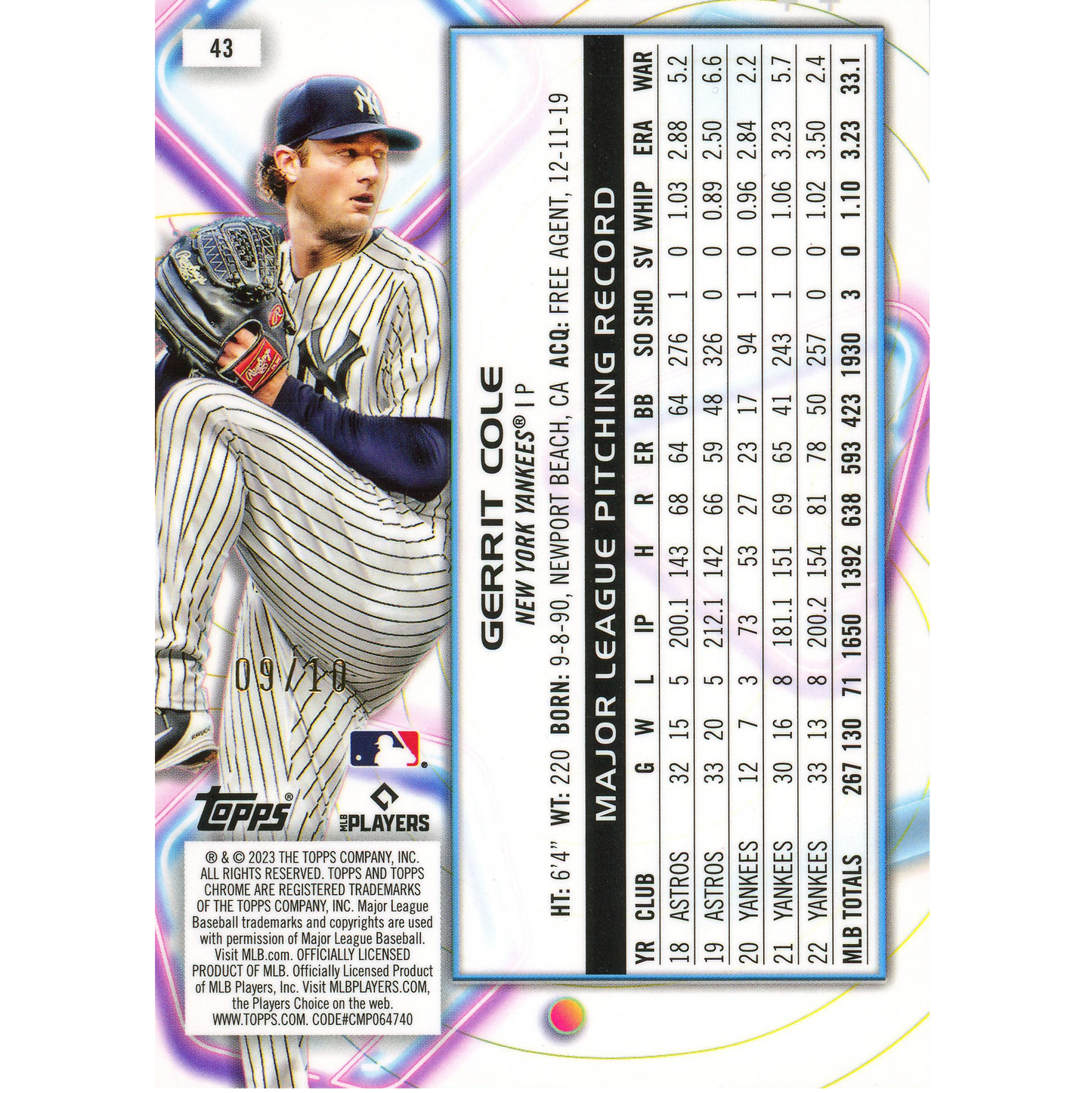 2023 Topps Cosmic Chrome Gerrit Cole (Black Eclipse)