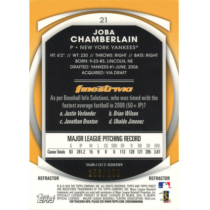 2010 Topps Finest Joba Chamberlain (Blue Refractor)